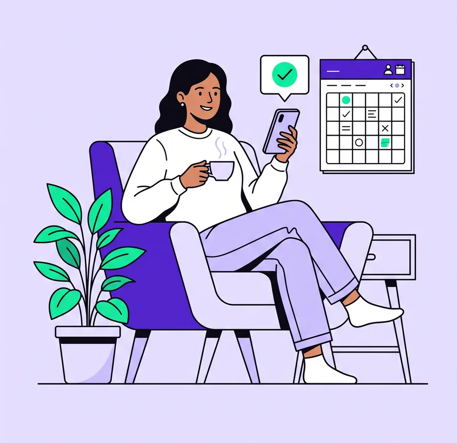 Ilustración: una dueña de negocio relajada en su sillón, con un té, ve en el celular un check verde; al lado, su calendario ordenado